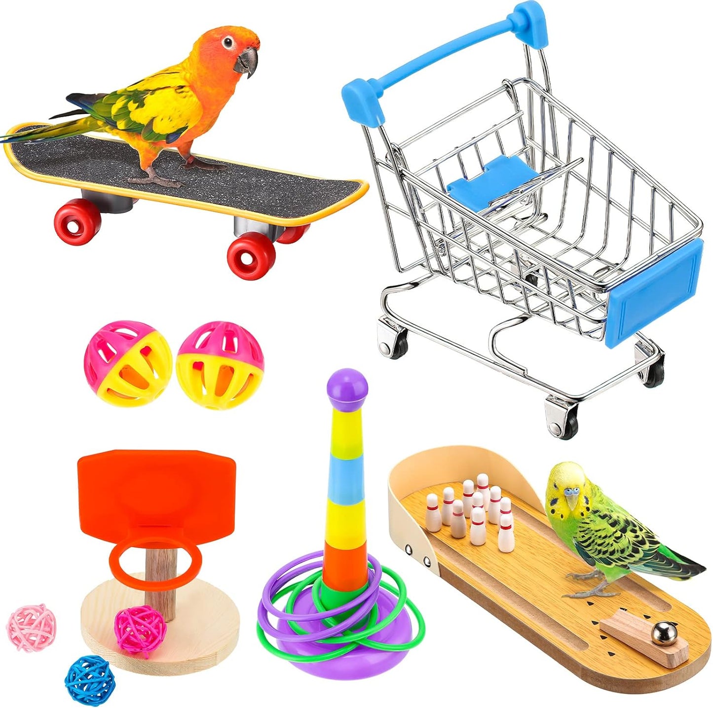 10 Bird Training Toys - Parrot Intelligence Toys for Parakeet, Cockatiel, Macaw - Includes Bowling, Basketball, Rings, Shopping Cart, Skateboard, Bell, Ball - Random Color
