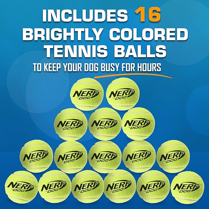 Nerf Dog 16-Piece Dog Toy Gift Set, Includes 16 2.5in Squeak Tennis Balls and a 10.25in Bucket, Nerf Tough Material, Green