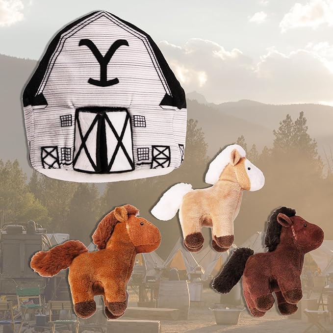 design LAB, Inc. Official Yellowstone Merchandise | Indoor Dog Toy Bundle Variety Gift Set | Yellowstone Nesting Barn with Horses | Squeaky Stuffed Animal Horse Set
