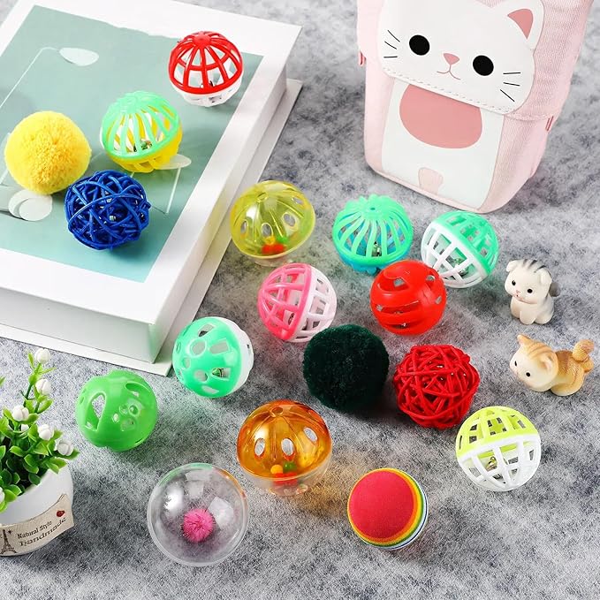 Hungdao 100 Pcs Cat Toys Bulk Plastic Small Crinkle Ball Assorted Cat Balls with Bell for Kitten Chase Pounce Rattle Play Toys, Assorted Color