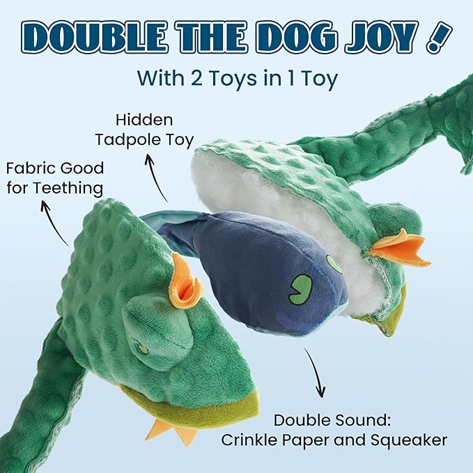 Nocciola 2 in 1 Frog Prince Plush Dog Toy, Rip and Reveal Interactive Toys with Hidden Tadpole Inside Play Tug-of-War Game for Dogs and Puppies