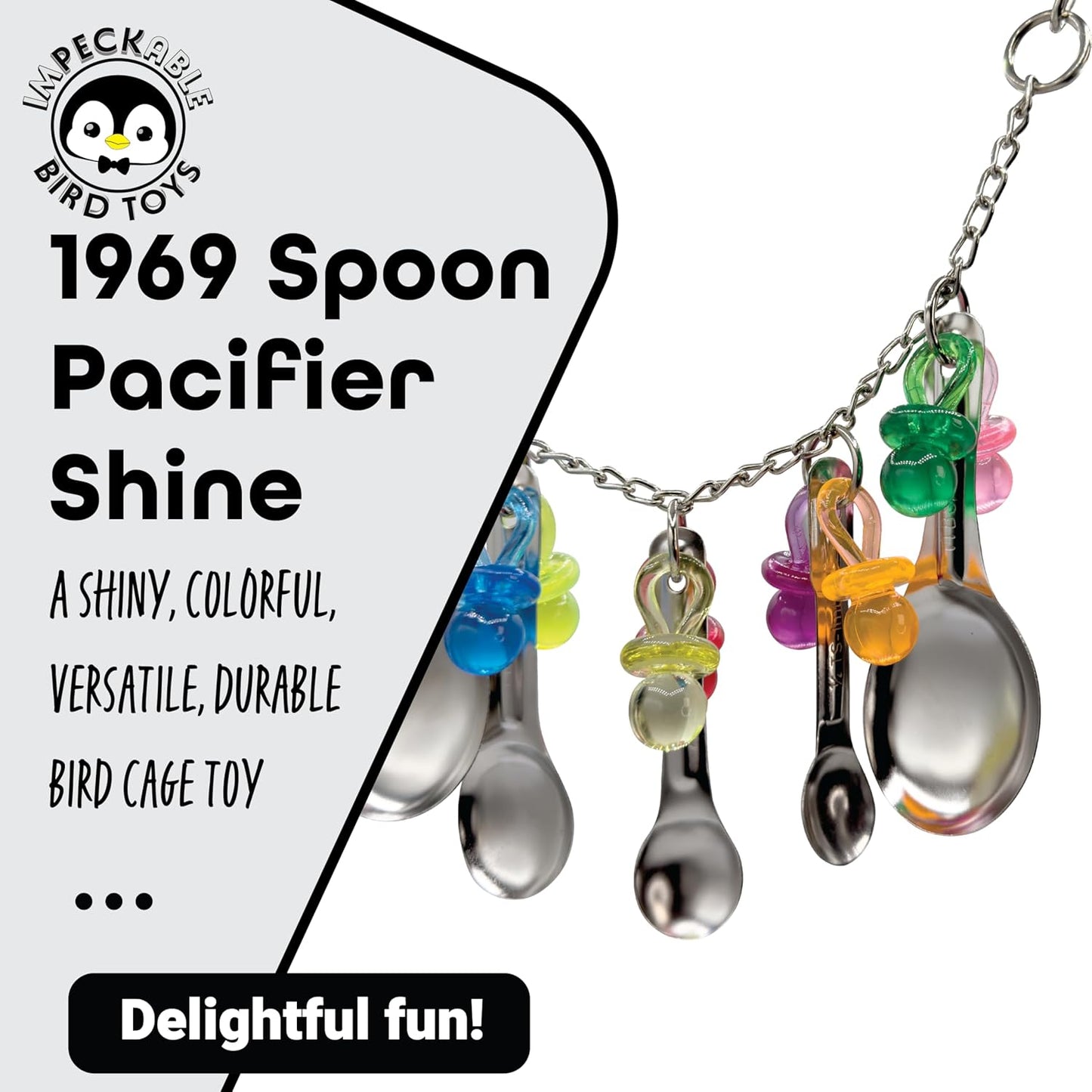1969 Spoon Pacifier Shine - Handcrafted with Stainless Steel Spoons, Acrylic link chain and Acrylic Pacifiers, Shiny and noisy, Great for Medium size birds African Greys Conures Amazons and More