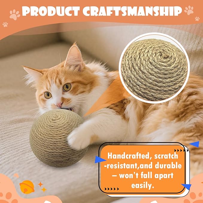Sisal Cat Ball Toy, Large 6.3-inch Interactive Natural Cat Scratching Ball, Perfect Scratcher for Indoor Cats' Exercise and Fun