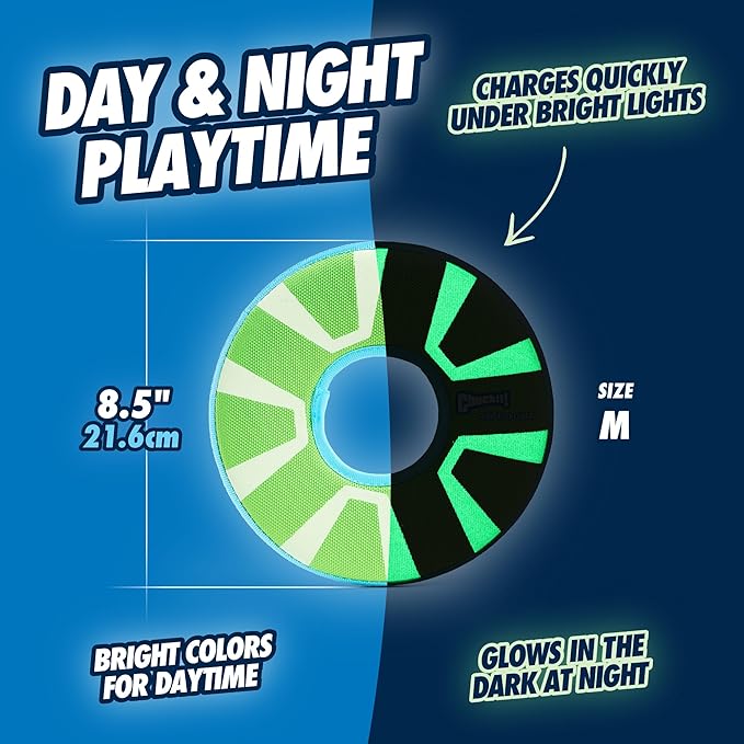 Chuckit! Max Glow Zipflight Flying Disc Dog Toy - Water Floating Flyer for Beach and Pool - Durable Polyester Construction - For Medium and Large Dogs - Size Medium - 8.5” L x 8.5” W - Pack of 1