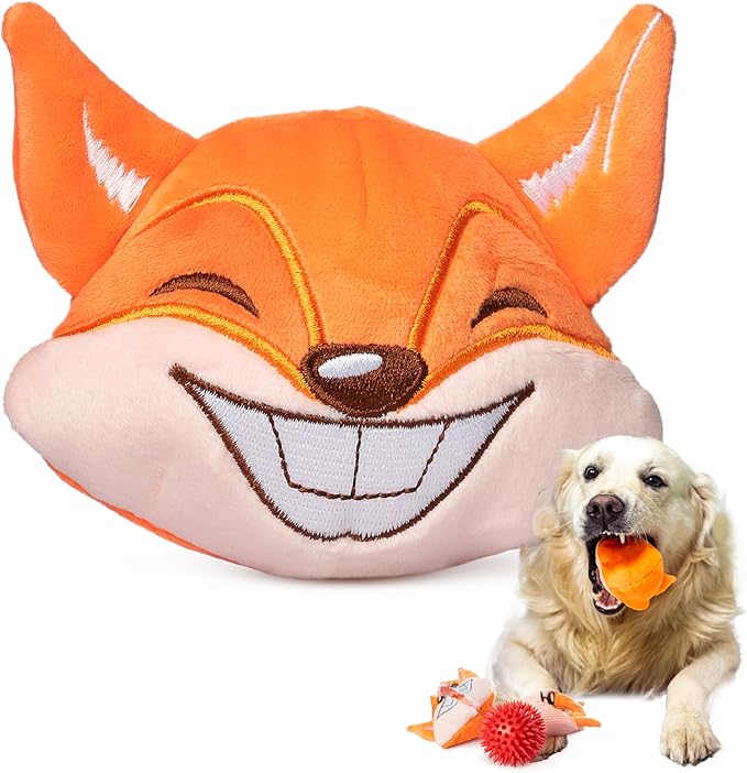 3in1 Squeaky Dog Toys for Aggressive Chewers - Medium to Large Breeds - Puppy Teething Toys - Interactive - Juguetes Perros - Orange