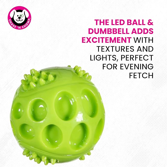 Chase 'n Chomp Squeak and Light Up Ball and Dumbbell Dog Toy, Mental & Physical Stimulation, Small, 2 Pack