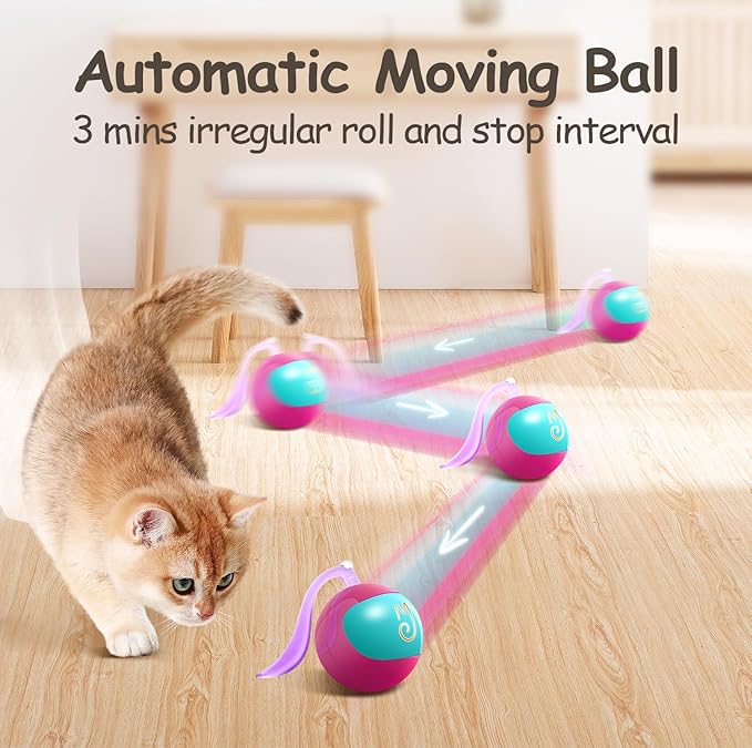 Migipaws Interactive Cat Ball Toy Set, Fun Tracker, Automatic Rolling Chase Ball with Fluffy Tail, A Small Mice, Rechargeable (Rose)