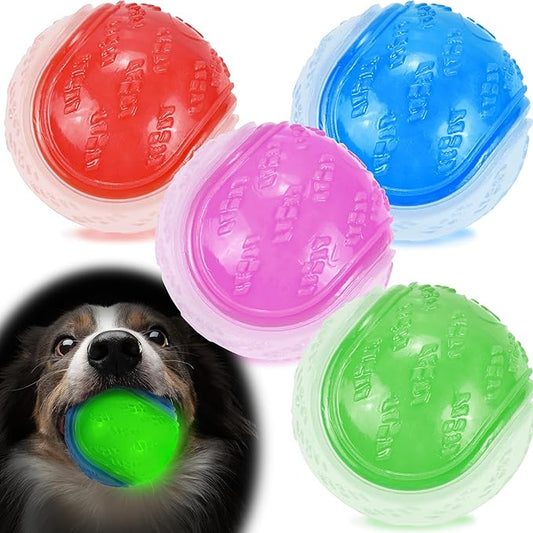 Glow Dog Ball, 3.5” Squeaky Dog Toy Ball, Dog Rubber Ball Toys for Small and Medium Large Dogs, Durable Dog Fetch Toys Puppy Chew Toys Pack of 4
