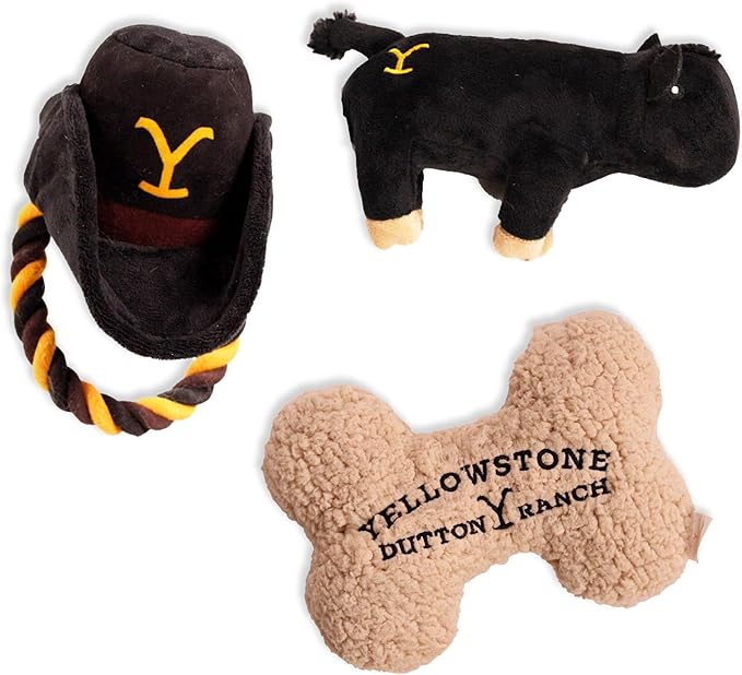 design LAB, Inc. Official Yellowstone Merchandise | Dutton Ranch Toy Bundle - Variety Gift Set | Toys Include Plush Cow, Bone Shaped Squeaky Plush, and Cowboy Hat with Tug Rope for Dogs