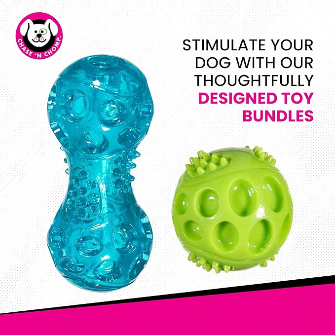 Chase 'n Chomp Squeak and Light Up Ball and Dumbbell Dog Toy, Mental & Physical Stimulation, Small, 2 Pack