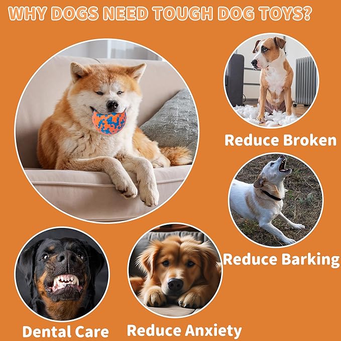 2 Pack Indestructible Dog Tennis Balls for Aggressive Chewers: Interactive Pet Toys, Herding and Jolly Ball for Dogs, Durable, Bouncy, and Water Toy Fetch Balls (White, Orange)