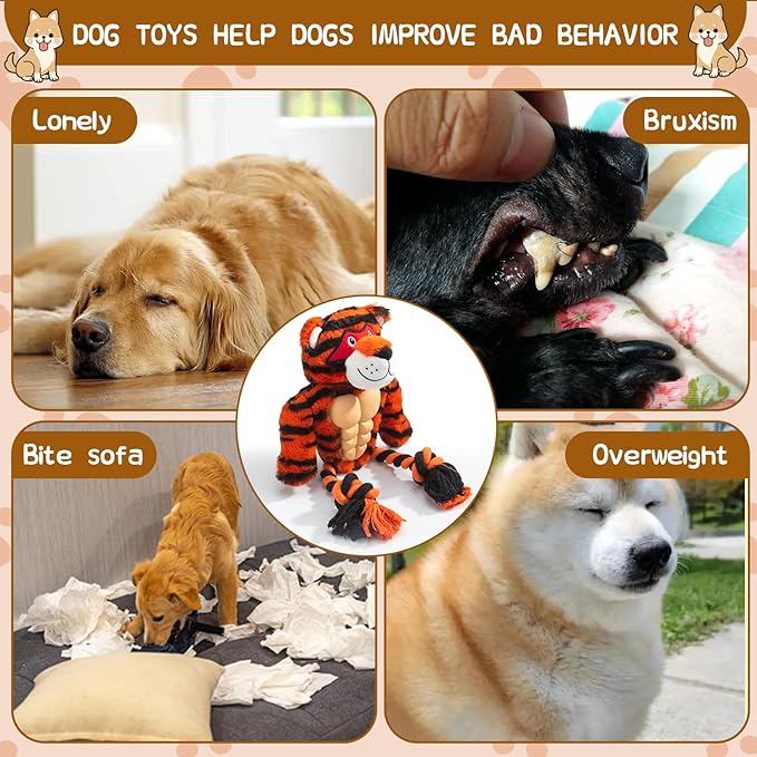 Durable Rope & Plush Dog Toy for Aggressive Chewers – Muscle Tiger Squeaky Tug Toy for Medium & Large Dogs, Interactive Chew & Play