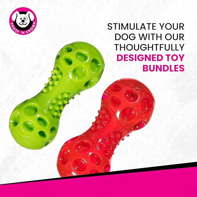 Chase 'n Chomp Squeak and Light Up Dumbbell Dog Toy, Mental & Physical Stimulation, Large, 2 Pack