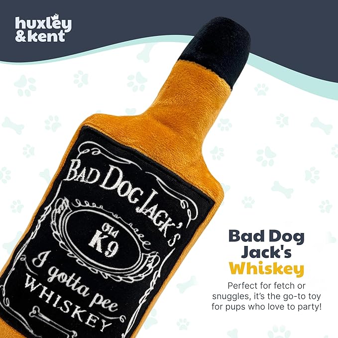 Huxley & Kent Funny Dog Toys w/Squeaker & Crinkl -Stimulating & Interactive Chew Toy for Dogs - Mesh Lined Stuffed Doggie Toy - Easy to Clean Doggie Toys for All Breeds (Bad Dog Jack's Whiskey,Small)