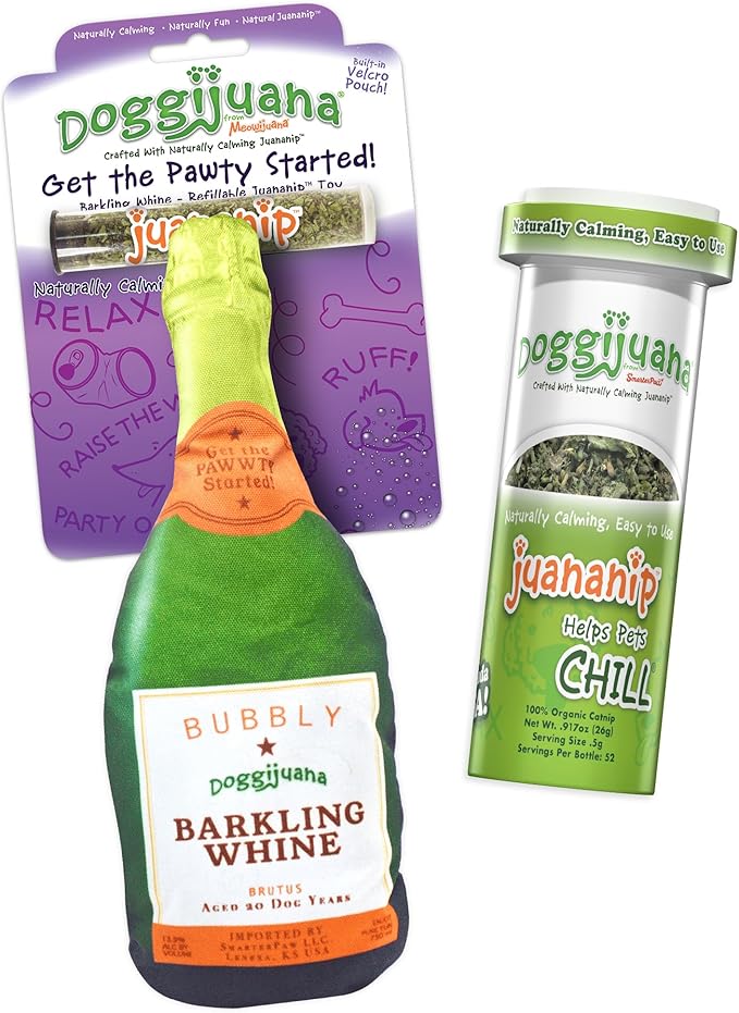 Doggijuana Refillable Juananip Toy Bundle | Barkling Whine Bundle | Funny Dog Toy Plush with Catnip and Refill | Calming Aid for Dogs | Interactive Chew Toy for Play