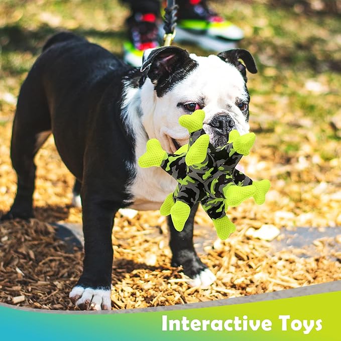 Dog Chew Squeaky Toys, Dog Teeth Cleaning Toy, Tug of War, Stuffed Jack Bone Toy with Squeakers, Interactive Toy for Small Medium Large Dogs,Green