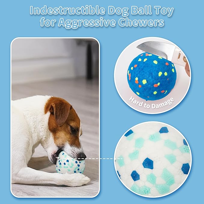 2 Pack Indestructible Dog Tennis Balls for Aggressive Chewers: Interactive Pet Toys, Herding and Jolly Ball for Dogs, Durable, Bouncy, and Water Toy Fetch Balls (White, Blue