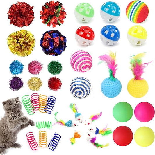 38pcs Multi-Sensory Cat Toys - Spiral Spring & Crinkle Balls Kit with Feather Mice, Bells + Sisal/Ping-Pong Balls - Interactive Play Bundle for Indoor Cats/Kittens (Small-Medium)