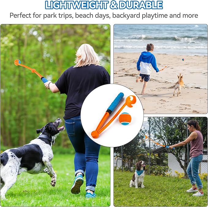 ALL FOR PAWS 25“Dog Ball Launcher, Foldable Tennis Ball Thrower with Soft and Comfortable Tennis Racket-Like Handle Grip, 2.5 inch Ball Included