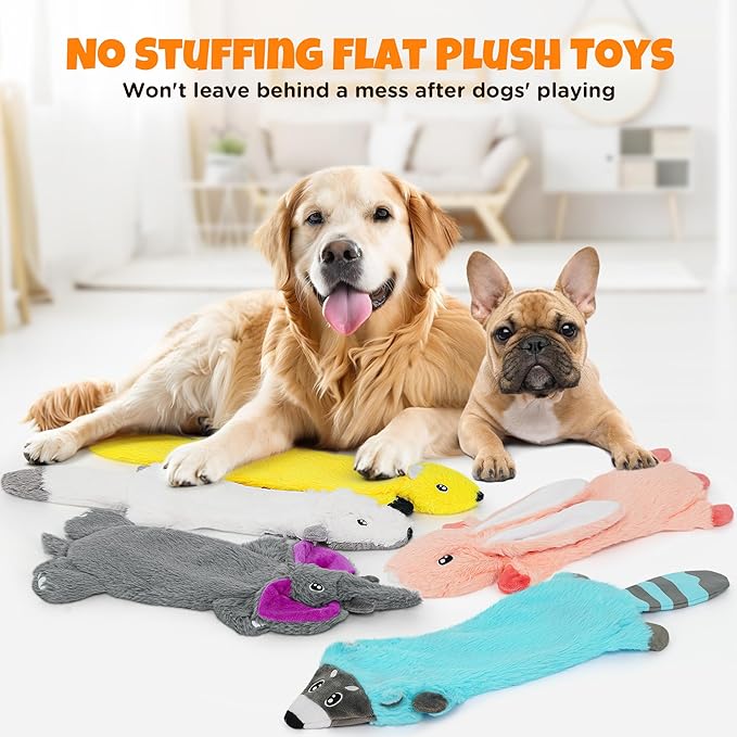 No Stuffing Dog Squeak Toys, Flat Soft Plush Dogs Chew Toy for Small Medium Large Breed Chewer Durable Cute Fun Squeaky Interactive Teething Puppies Pet Supplies to Keep Them Busy Best Birthday Gifts
