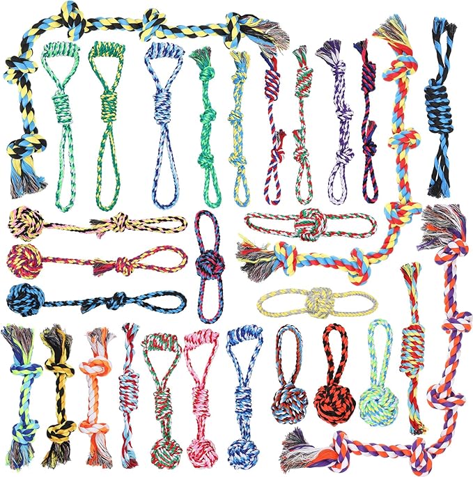 Hiboom 30 Pcs Rope Dog Toys for Aggressive Chewers Heavy Duty Dog Chew Toys for Medium Large Dog Cotton Dog Toys War Dog Toy for Teeth Cleaning
