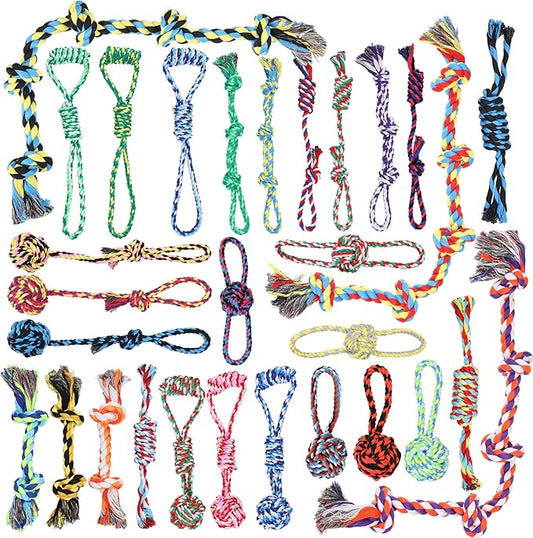 Hiboom 30 Pcs Rope Dog Toys for Aggressive Chewers Heavy Duty Dog Chew Toys for Medium Large Dog Cotton Dog Toys War Dog Toy for Teeth Cleaning