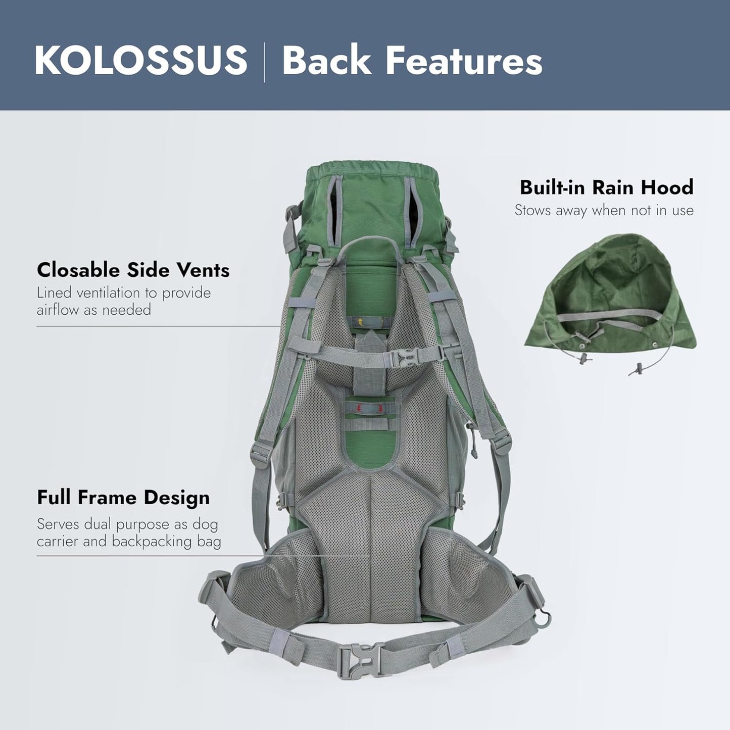 K9 Sport Sack Kolossus - Large, Myrtle Green - The Big Dog Backpack - Ideal for Dogs 20-22” Long - Fully Adjustable Pet Carrier - Doubles as a Professional-Grade 60L Hiking Pack