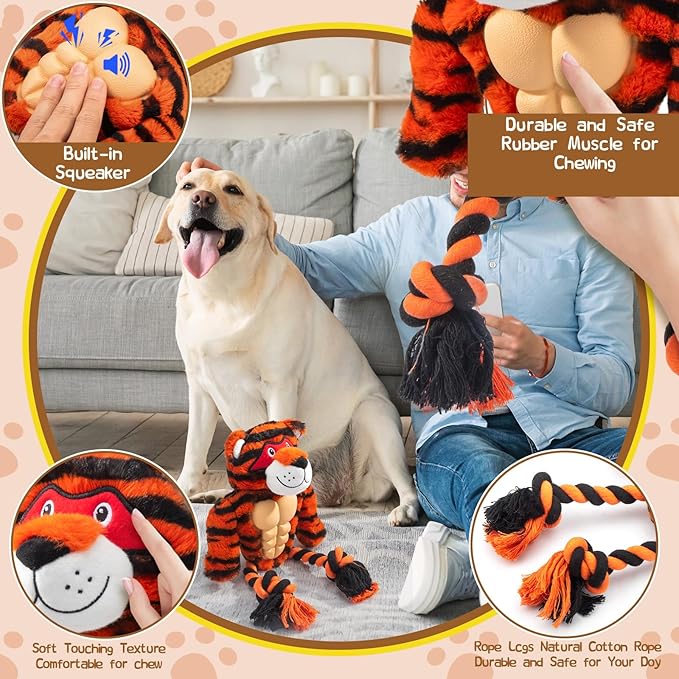 Durable Rope & Plush Dog Toy for Aggressive Chewers – Muscle Tiger Squeaky Tug Toy for Medium & Large Dogs, Interactive Chew & Play