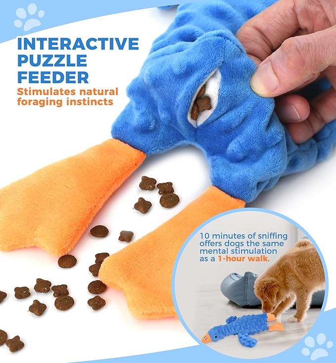 Squeaky Plush Dog Toy for All Breeds, Multifunctional Goose Dog Toy with Honking Sound, Crinkle Paper, Treat Pocket, Durable Soft Stuffed Animal for Chewing, Cuddling, Interactive Play (Blue)