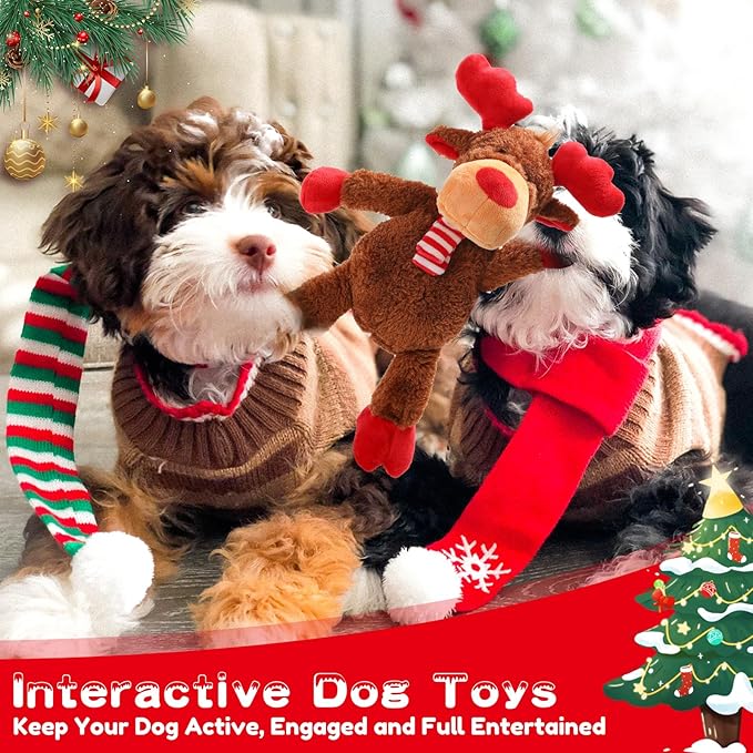 Christmas Squeaky Toys With Crinkle Paper, Plush Reindeer Interactive Stuffed Chew Toys, Gifts for Puppy, Small, Medium, Large Dogs