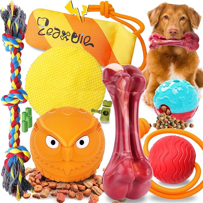 Zeaxuie 12 Pack Heavy Duty Various Dog Chew Toys Pack for Aggressive Chewers - Includes Large Rope Toys, Squeaky Toys & Indestructible Chew Bone for Medium, Large & X-Large Dogs (for Powerful Chewers)