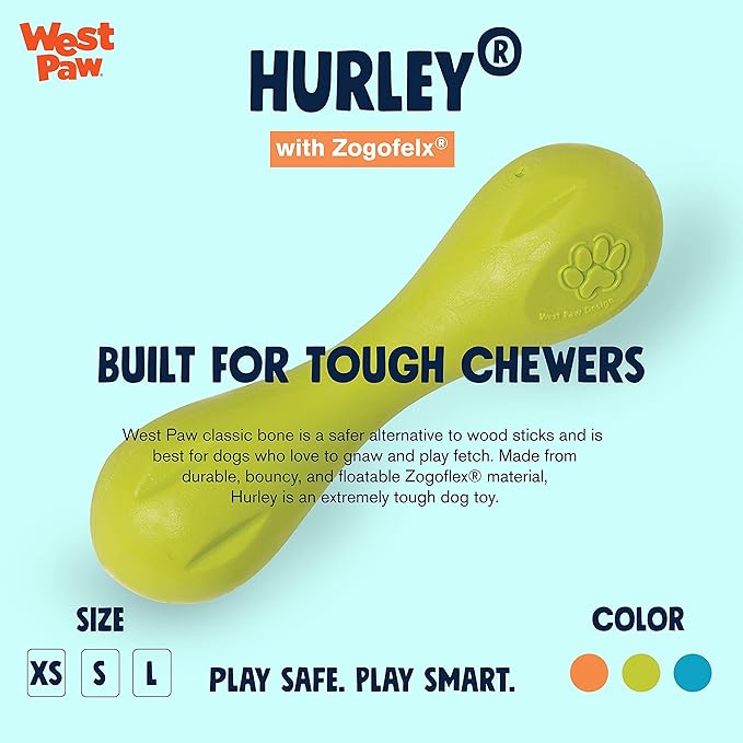 WEST PAW Zogoflex Hurley Dog Bone Chew Toy – Floatable Pet Toys for Aggressive Chewers, Catch, Fetch – Bright-Colored Bones for Dogs – Recyclable, Dishwasher-Safe, Non-Toxic, Large, Granny Smith