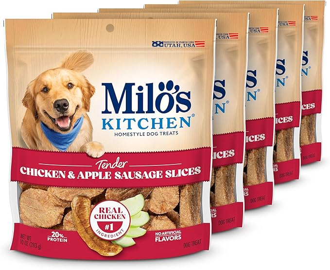 Milo's Kitchen Homestyle Dog Treats, Chicken & Apple Sausage Slices, 10 Ounce (Pack of 5), High Protein, No Artificial Flavors
