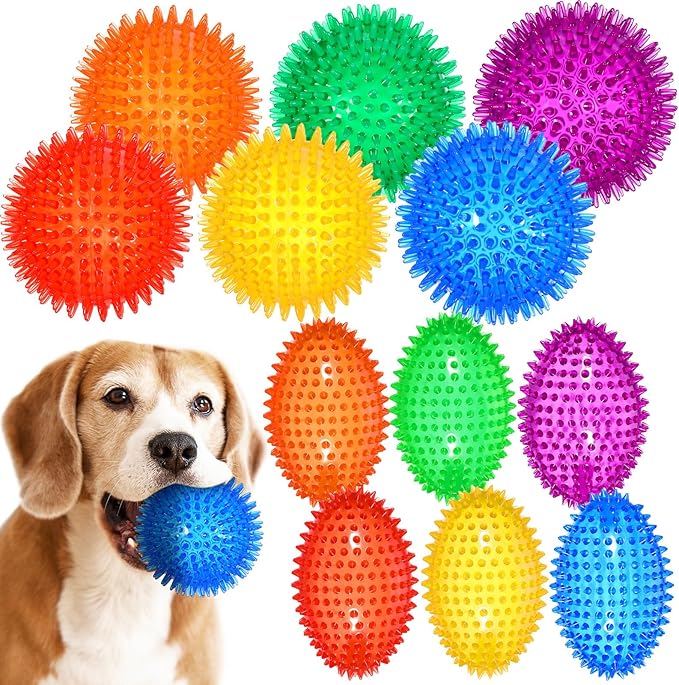 12 Pcs 4.5'' Squeaky Dog Ball and Spiky Squeaker Football for Aggressive Chewers Medium Large Dogs Toys Heavy Duty Teething Toys for Training Cleaning Teeth Indoor Outdoor