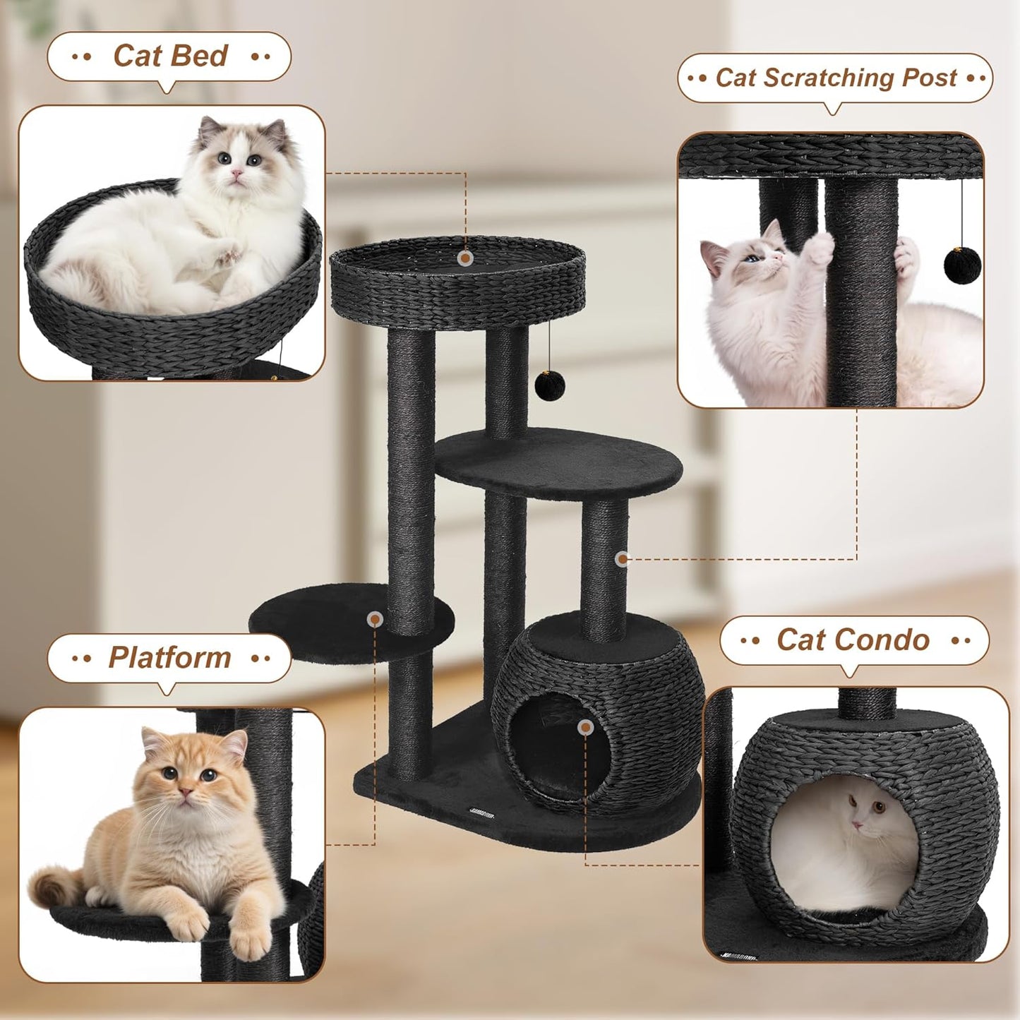 KAMABOKO Modern Cat Tree, 39" Tall Cat Trees for Indoor Cats, Cat Condo Natural Sisal with Scratching Posts, Hand-Woven Tower & Top Perch, Cat-Tree for Kittens Climb Play & Rest Black