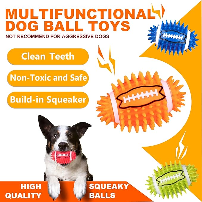 4.3” Dog Squeaky Football Toys 4 Pack, Interactive and Durable Spiky Dog Balls for Medium Large Dogs with Rugby Shape, Built-in Squeaker for Teeth Cleaning and Training