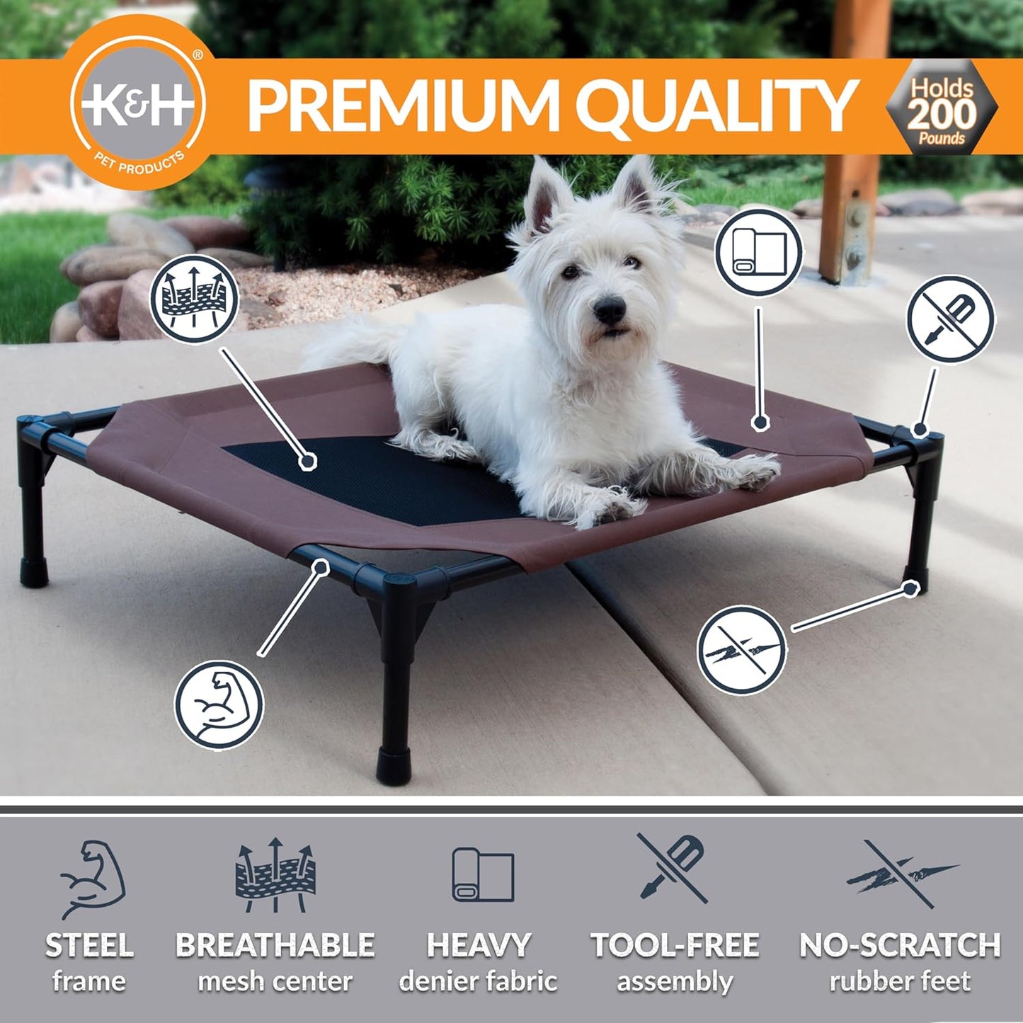 K&H Pet Products Outdoor Elevated Dog Cot, Breathable Cooling Elevated Cot Hammock Pet Bed for Small Dogs, Washable Mesh Cover, Raised Metal Frame, Collapsible, Portable - Small 22 X 17in Chocolate