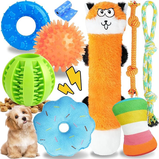 Puppy Toys for Teething, 9 Pack Interactive Dog Toys for Small Dogs, Puppy Chew Toys for Boredom with Rope Toys, Treat Ball and Cute Squeaky Toys