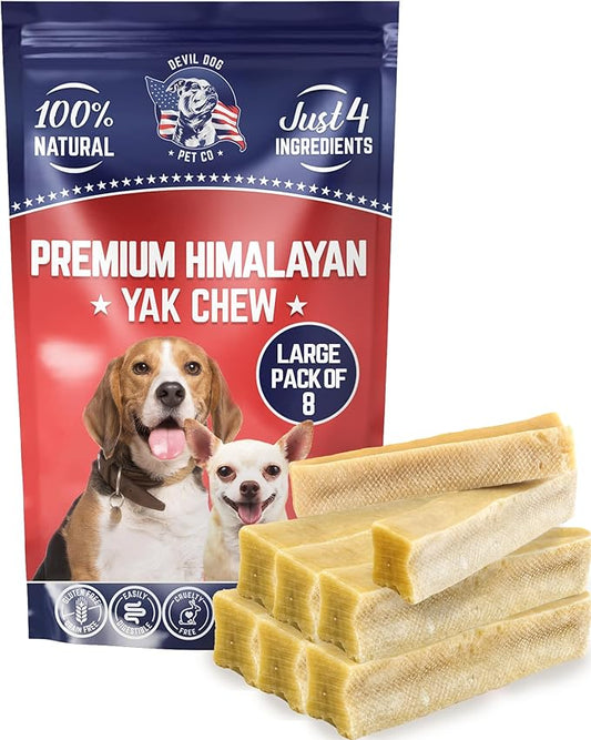 Devil Dog Pet Co. Himalayan Yak Cheese Dog Chews, Large - 8 Pack, 100% Natural & Healthy, Lactose-Free, Long-Lasting Dog Treats, Premium Yak Milk Chew Bones for Dogs