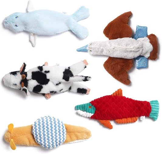 Nocciola Dog Toys 5-Pack, Stuffing-Free Squeaky Crinkle Plush Toys for Small Medium Large Dogs, Inspired by Rare Land, Sea & Air Animals, Durable Chew Toys for Boredom & Anxiety Relief