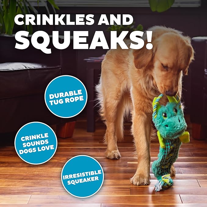 Outward Hound Ropiez Rope Interactive Dog Tug Toy for Tugging Squeaky Fun, 21 Inch Dragon, Blue, Medium