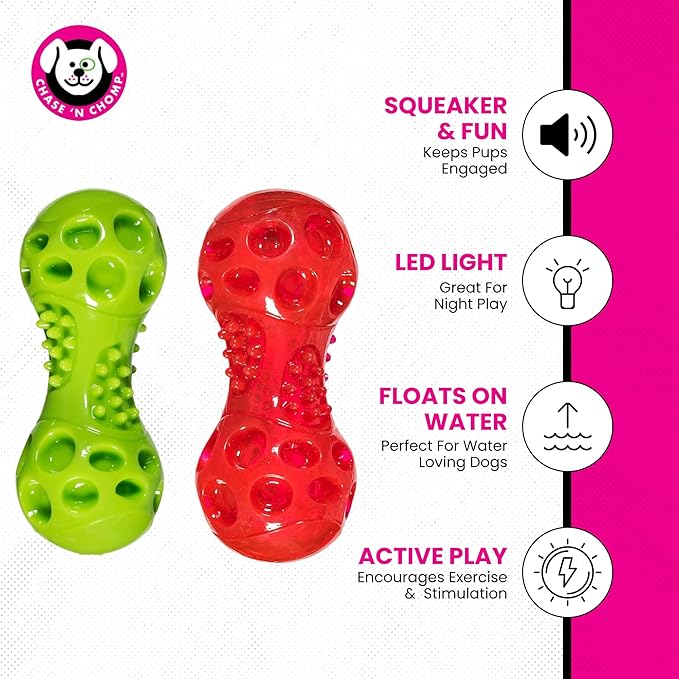 Chase 'n Chomp Squeak and Light Up Dumbbell Dog Toy, Mental & Physical Stimulation, Large, 2 Pack