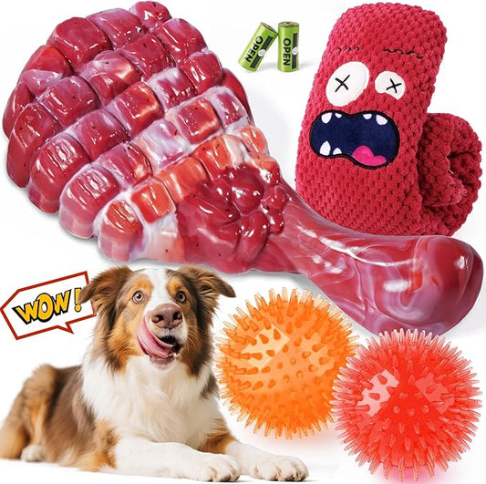 KIPRITII Heavy - Duty Dog Chew Toys for Aggressive Chewers – 6 Pack Tough Dog Toys Include Indestructible Chew Bone, Interactive Tug Toys & Squeaky Balls, Ideal for Medium & Large Breeds Dogs