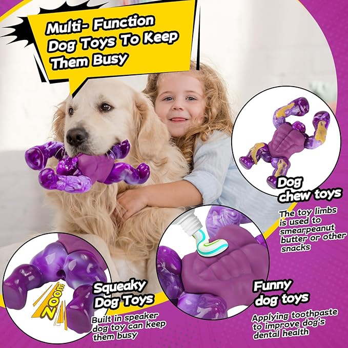 Dog Toys for Aggressive Chewers, Indestructible Chew Toys for Medium Large Breeds(20-80lb), Durable Squeaky Tough Dog Toy to Keep Them Busy (Purple)