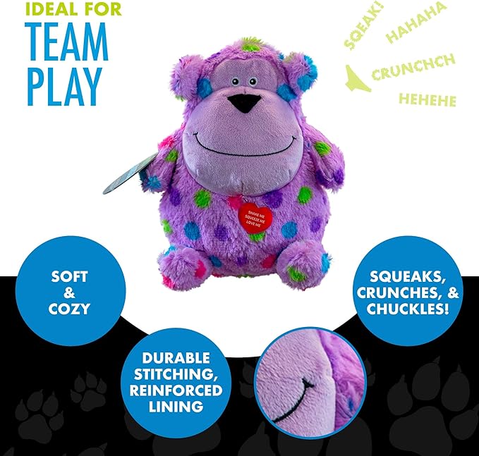 Hero - Chuckles Bellies - Polka-Dotted Monkey Plush Dog Toy - Dog Squeaky Toys - Durable Stuffed Animal with 3 in 1 Squeaker