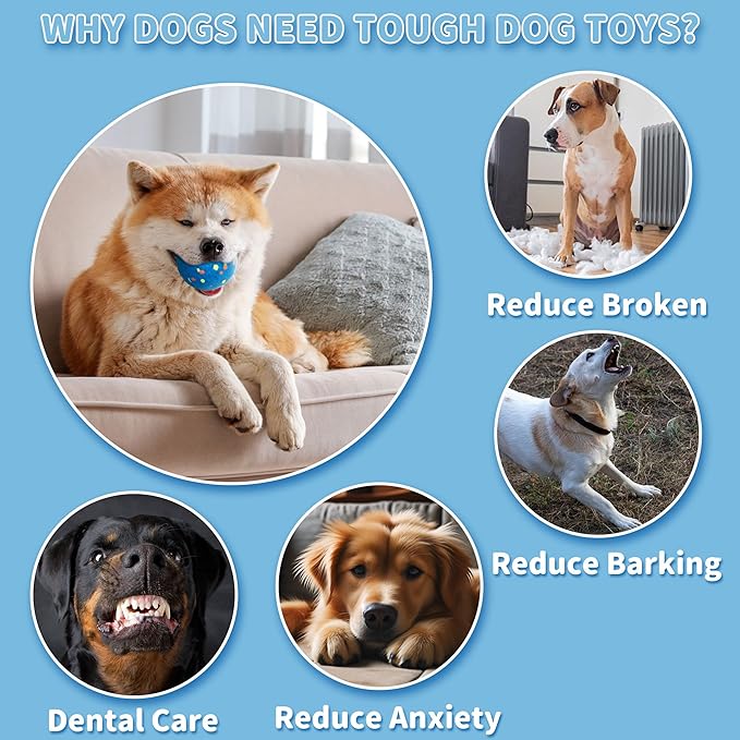 2 Pack Indestructible Dog Tennis Balls for Aggressive Chewers: Interactive Pet Toys, Herding and Jolly Ball for Dogs, Durable, Bouncy, and Water Toy Fetch Balls (White, Blue