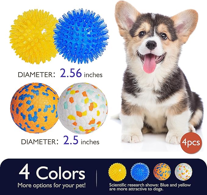2.5'' Dog Balls for Aggressive Chewers Small Medium, Puppy Chew Toys for Teething, Tennis Spiky Dog Ball Squeaky Training Chuck It Toy for Dogs Puppies (4 Balls)