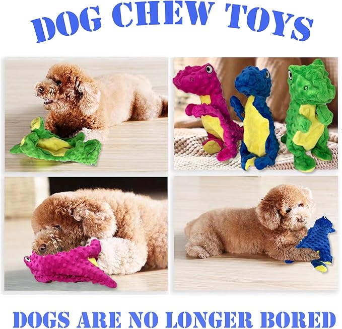 No Stuffing Dog Toys for Aggressive Chewers, Squeaky Wrinkled Toys, Durable Dog Chew Toys, Soft and Tough Plush Toys, Suitable for All Breeds of Dogs. (Dinosaur (Red))