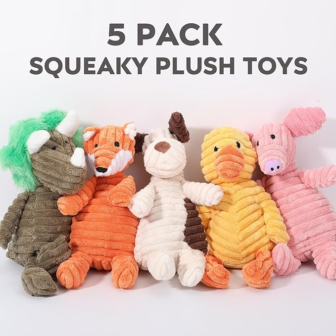 5 Pack Squeaky Plush Dog Toy Assortment Cute Animal Dog Toy Value Bundle Puppy Toys Dog Toys for Small Medium Large Dogs Teething Chew Toys