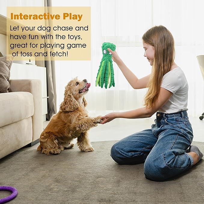 Dog Squeaky Toys Octopus - No Stuffing Crinkle Plush Toys for Puppy Teething, Durable Interactive Chew Toys for Small, Medium and Large Dogs Training and Reduce Boredom, 2 Pack